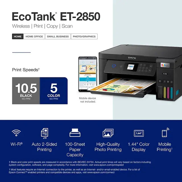 Epson EcoTank ET-2850 Wireless Color All-In-One Inkjet Printer (ET-2850-BLK) - DealJustDeal