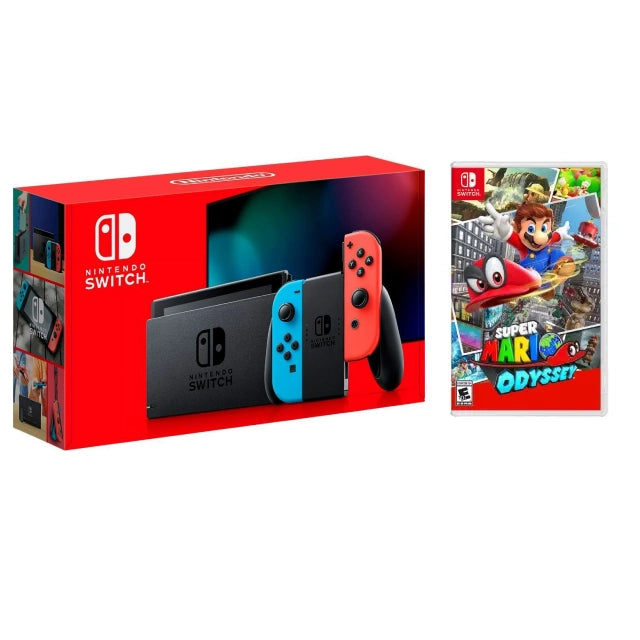 Nintendo Switch w/ Neon Blue & Neon Red Joy-Con + Super Mario: Odyssey - DealJustDeal