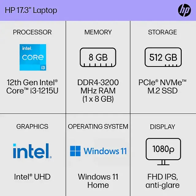 HP 17.3" FHD Laptop, Intel Core i3-1215U, 8GB RAM, 512GB SSD, Win11 Home - DealJustDeal